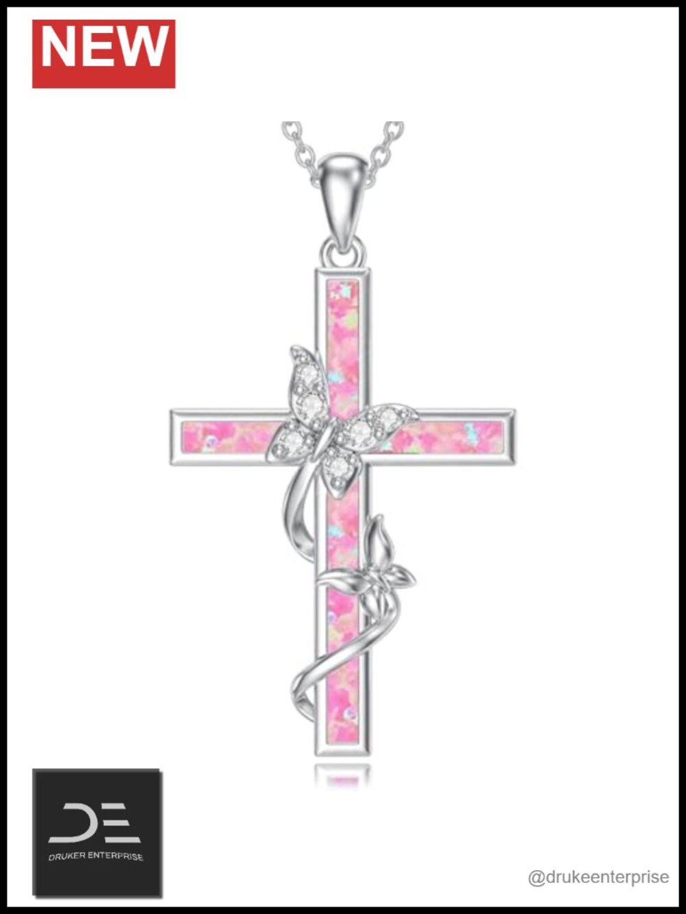 Sterling Silver Butterfly Cross Pendant Necklace Opal Jewelry Gift